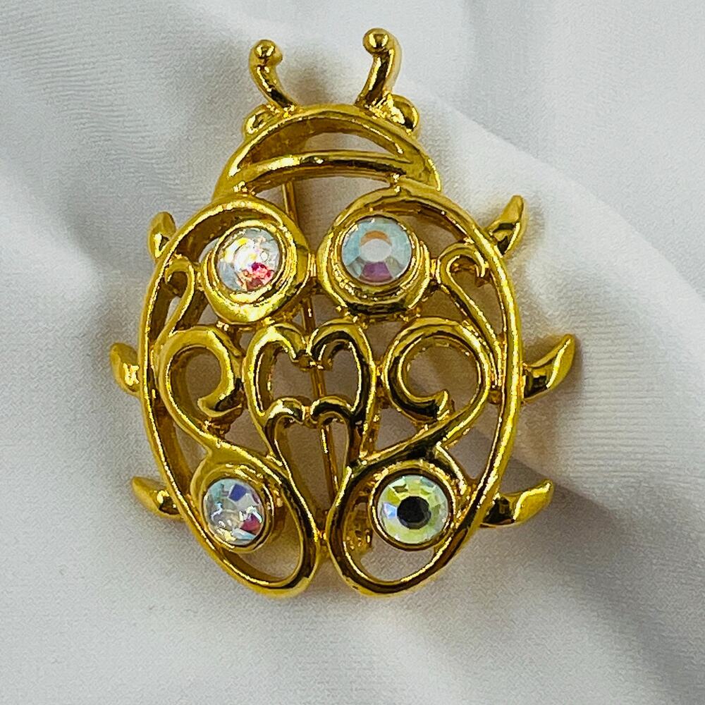 Vintage Torino Gold Tone and AB Rhinestone Ladybug Brooch Fairycore Romantic Pin